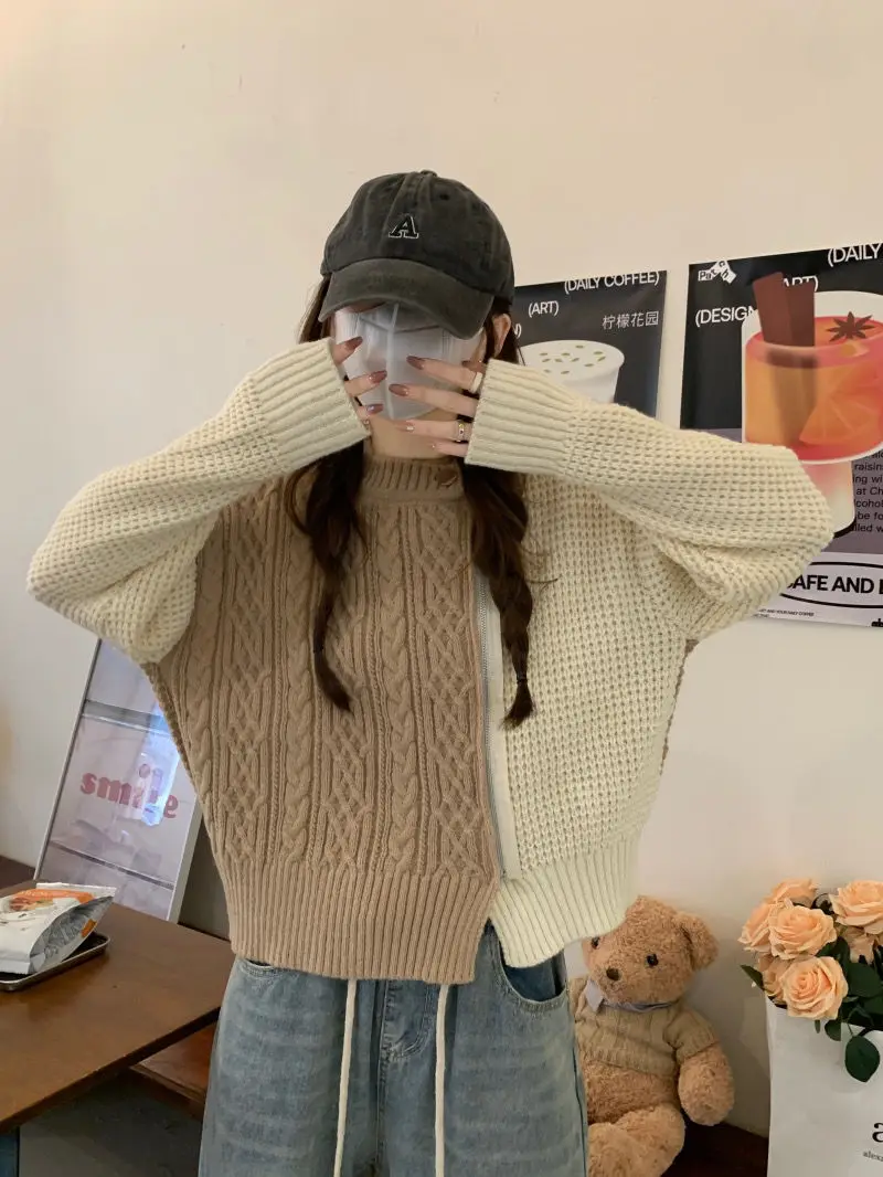 Colorblock zipper twist sweater jacket for women in spring, autumn and winter, loose short knitted cardigan top for small people