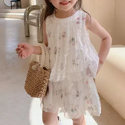 Ensemble de vêtements d'été pour filles, haut + short en dentelle brodée de fleurs, tenue à la mode pour enfants, nouvelle collection