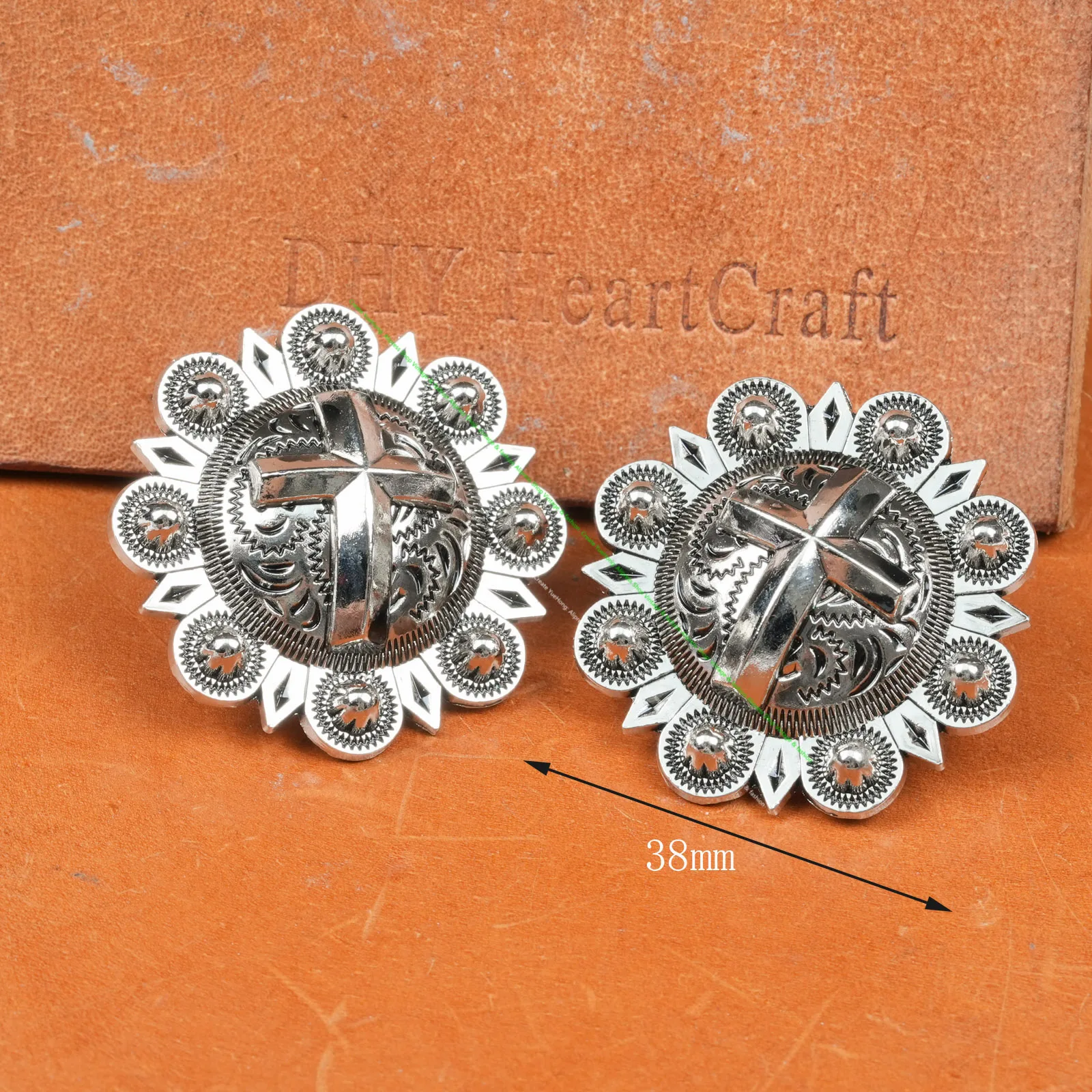 6X 38mm Heavy Duty Silver Western Flower Cross Berry Concho for Saddle Leather Crafts Studs for Belts Chaps Decor Screwback