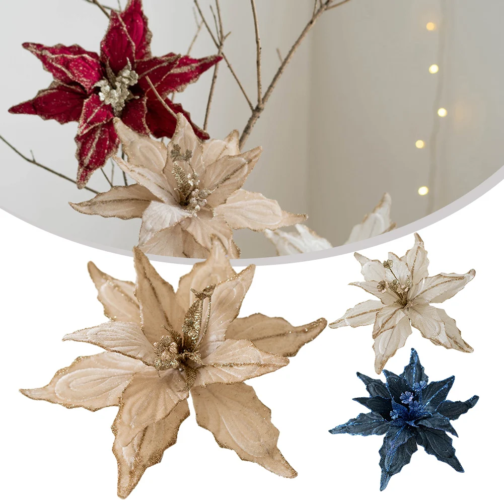 คริสต์มาส Poinsettia Glitter ดอกไม้แขวน Xmas Tree Decor สําหรับปีใหม่ 2024 ของขวัญ Navidad Natal Merry Christmas ตกแต่ง