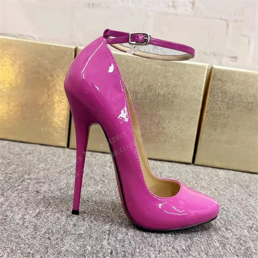 Red Patent Leather 16cm High Heels Women Sexy Round Toe Stiletto Heel One Strap Buckle Strap Nightclub Party Dress Bed Pumps