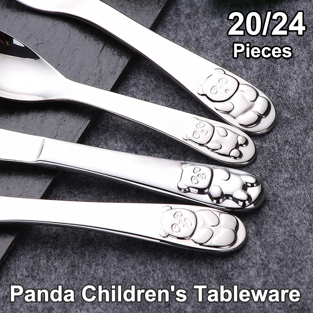 4/16/20/24Pcs Kids Tableware Children's Cutlery Stainless Steel Cartoon Dinner Set Sliver Cute Panda Knife Fork Spoon Mirror