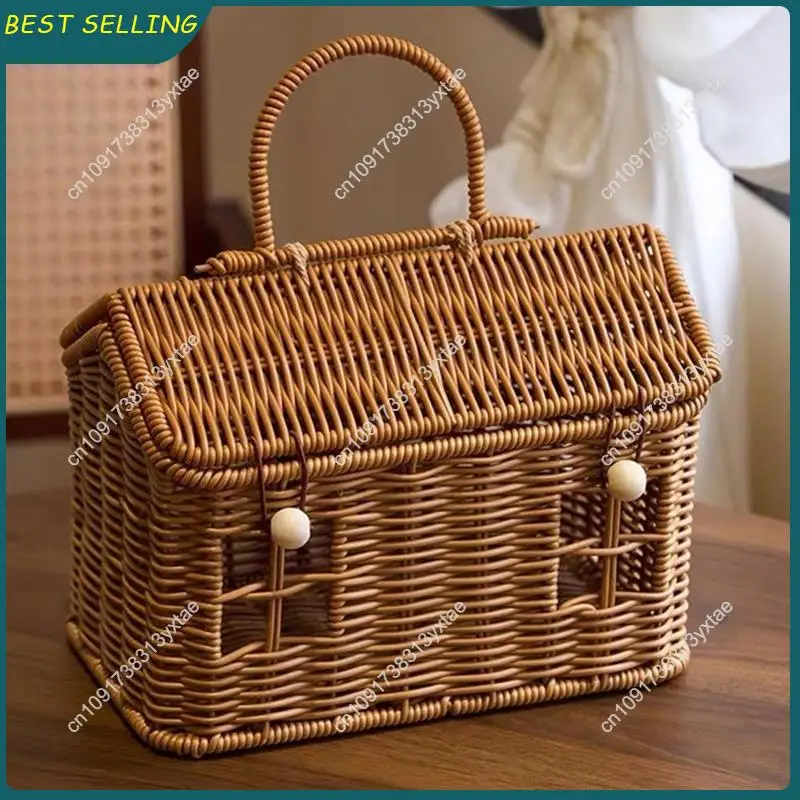 

N09R-Rattan House Shaped Basket With Lid Natural Harvest Wicker Basket For Picnics, Easter, Organizing, Storage