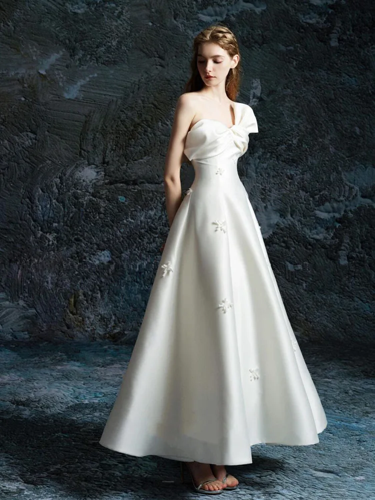 Vestidos de fiesta de princesa sin tirantes de satén, vestidos de fiesta de noche drapeados con pliegues blancos para mujer, vestidos de novia con lazo Simple de Corea personalizados