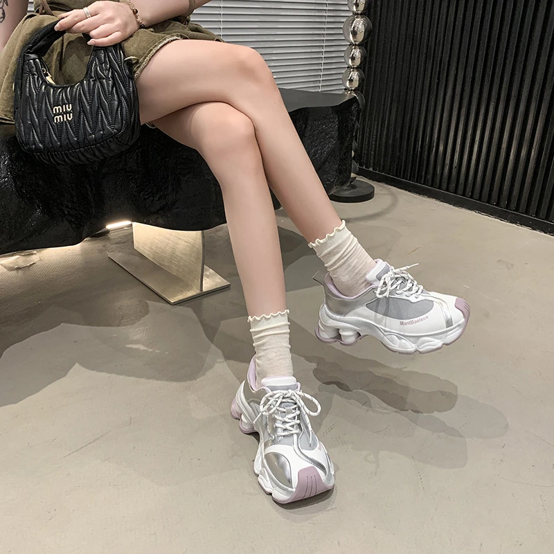 

Women Fashion Sneakers Heightening Mesh Breathable Lacing Comfortable Casual Shoes Thick Bottom Spring And Summer Hundred Shoes