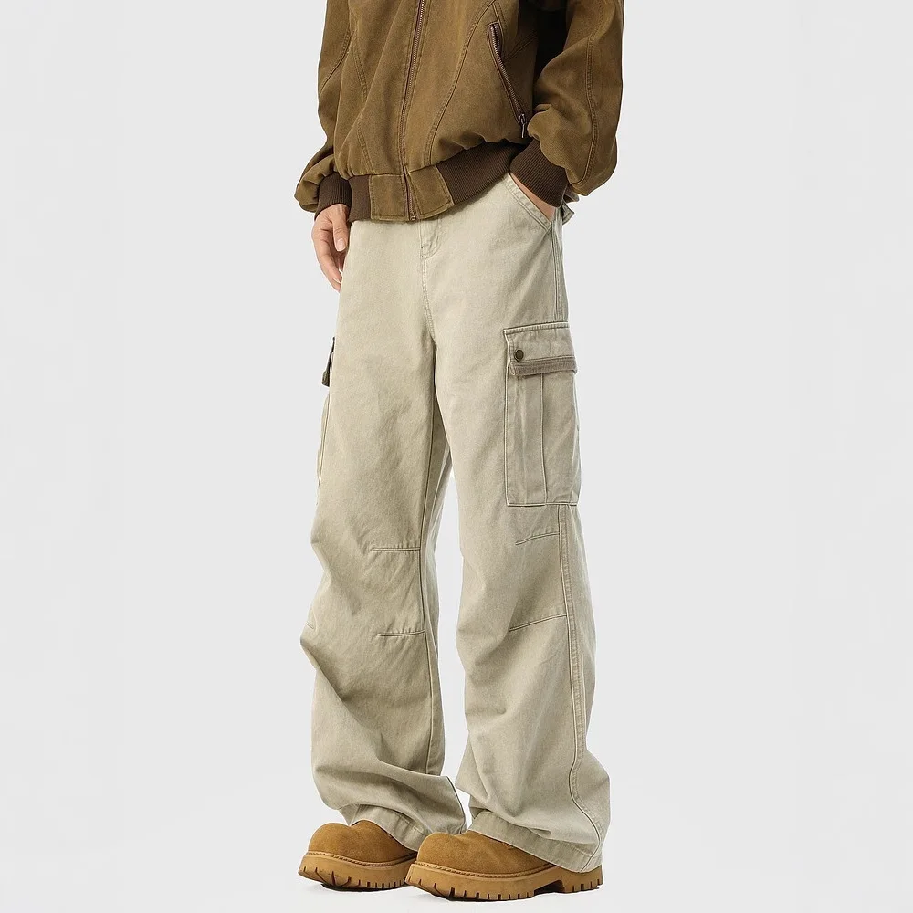 

Американские весенне-осенние потертые комбинезоны в стиле ретро с несколькими карманами для мужчин, модные брендовые свободные широкие прямые брюки Cleanfit