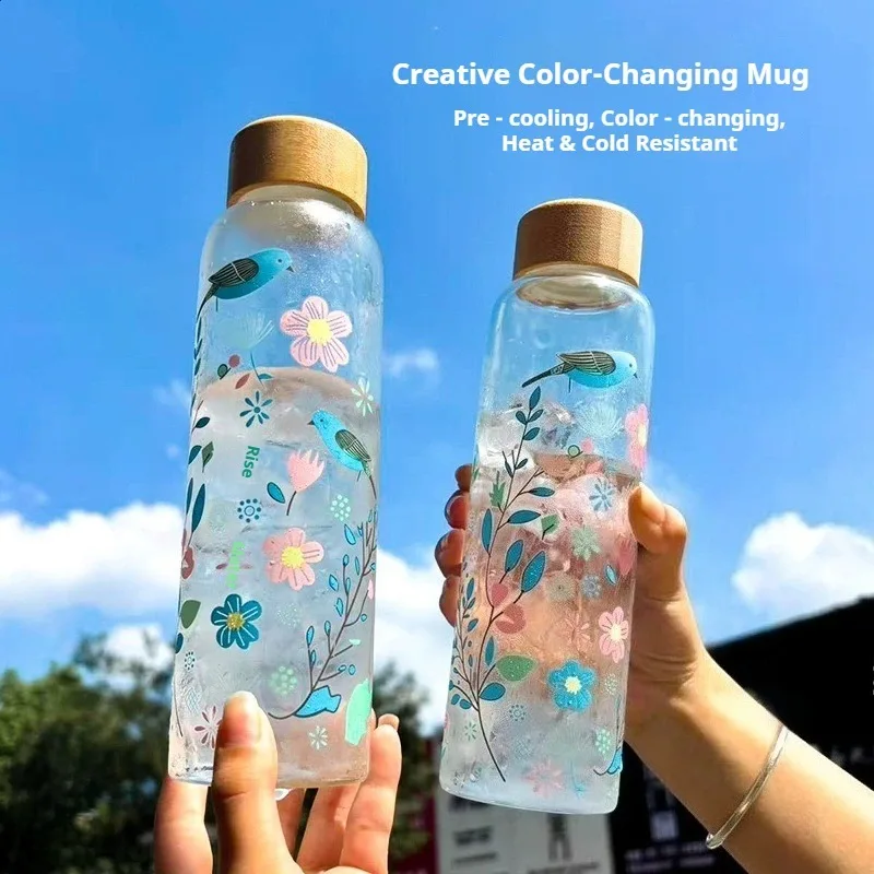 Temperature Changing Borosilicate Glass Cup Large Heat Resistant Sports Water Bottle Premium Gift Mug for Cold Brew & Travel