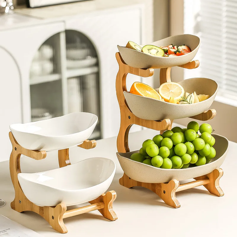 Creative Multi-layer Fruit Tray European Ceramic Dried Fruit Tray Bamboo Frame Household Snack Tray Candy Tray Fruit Basket