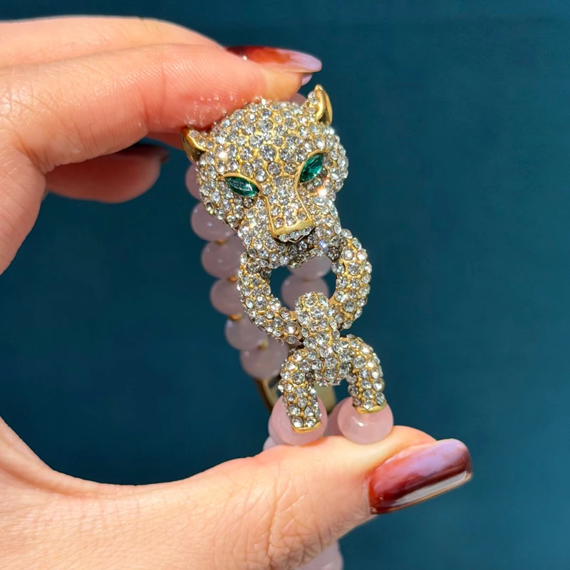

Vintage Rhinestones Leopard Head Beaded Bracelets Pink Natural Stones Retro Gold Plated Accessories Luxury Designers Jewelry