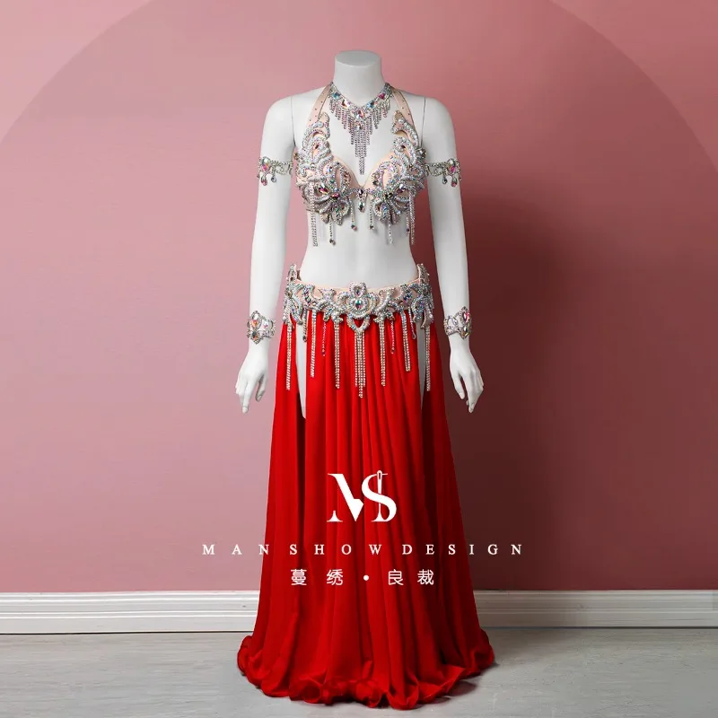 

customized belly dance performance costume new versatile tassel bra waistband necklace bracelet arm ring big swing skirt set