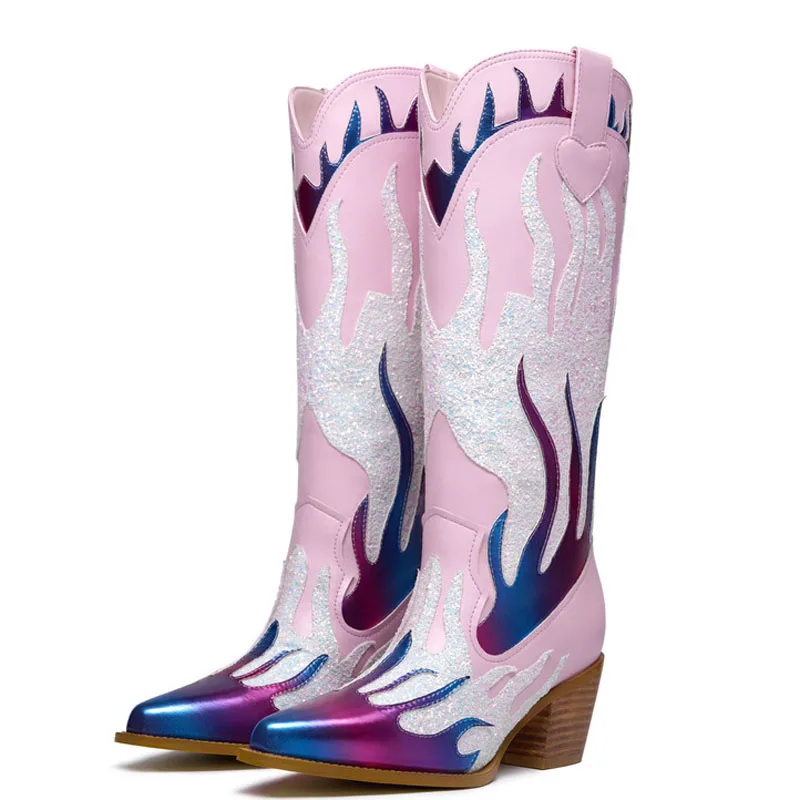 

Mixed Colors Patchwork Western Style Pointy Toe Long Boots Women Wide Fit Chunky Heels Cowboy Shoes Slip on Knee High Booties