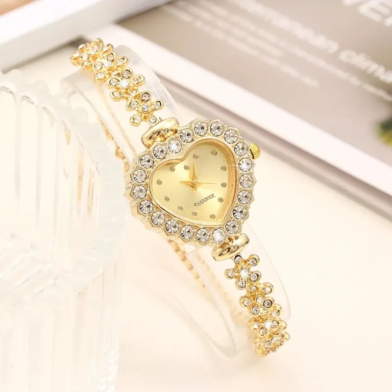 6PCS Set Women Gold Luxury Watch Women Ring Necklace Earring Rhinestone Fashion Wristwatch Casual Ladies Bracelet Watches