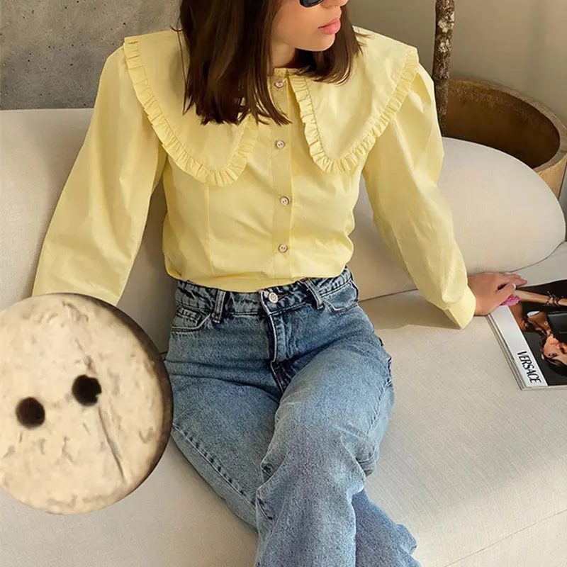 

Autumn Women's Long-sleeved Shirt 2024 Fashion Retro Doll Collar Blouse Yellow Casual Cotton Ladies Casual Shirt Top New