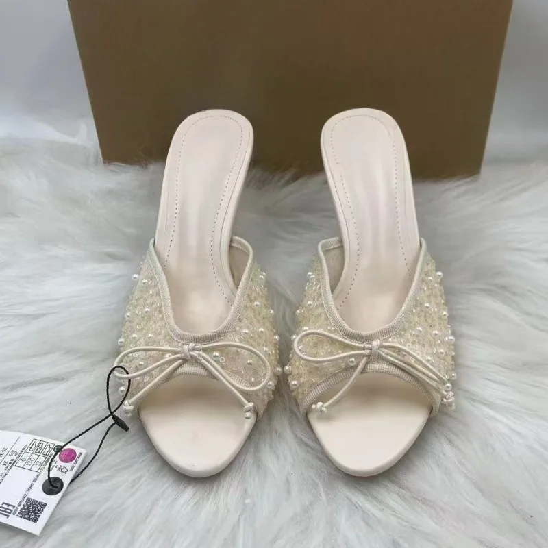 

2026 Summer Women High Heels Modern Sandals Shiny Pearl Sequins Mesh Peep Toe Mules Elegant Bow Prom Wedding Bridal Shoes