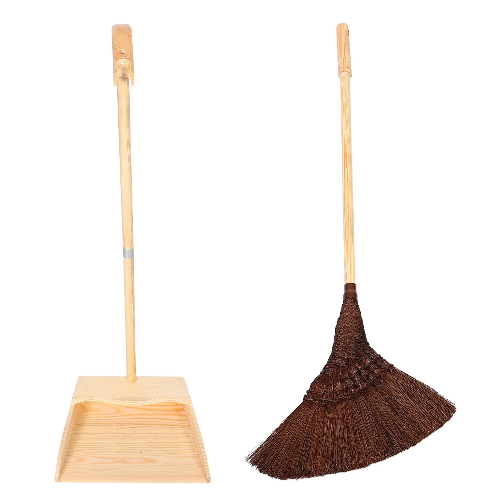 1Set Japanese Style Broom and Dustpan Set Handmade Natural Palm Dust Cleaning Long Handle Scratchfree Sweeper for Kitchen Garden