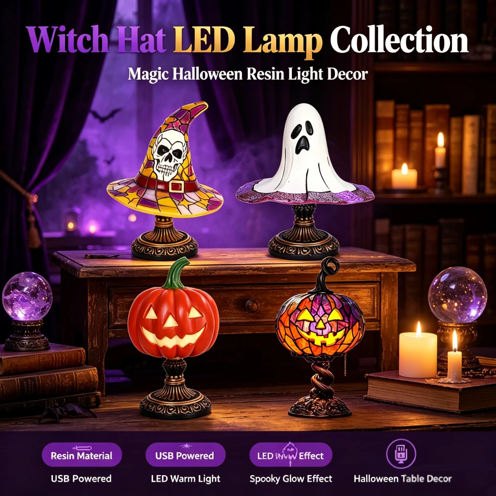 Gothic Witch Hat Pumpkin Resin Night Light Warm Enchanting Glow & Versatile Decorative Lamp for Halloween Home Decoration