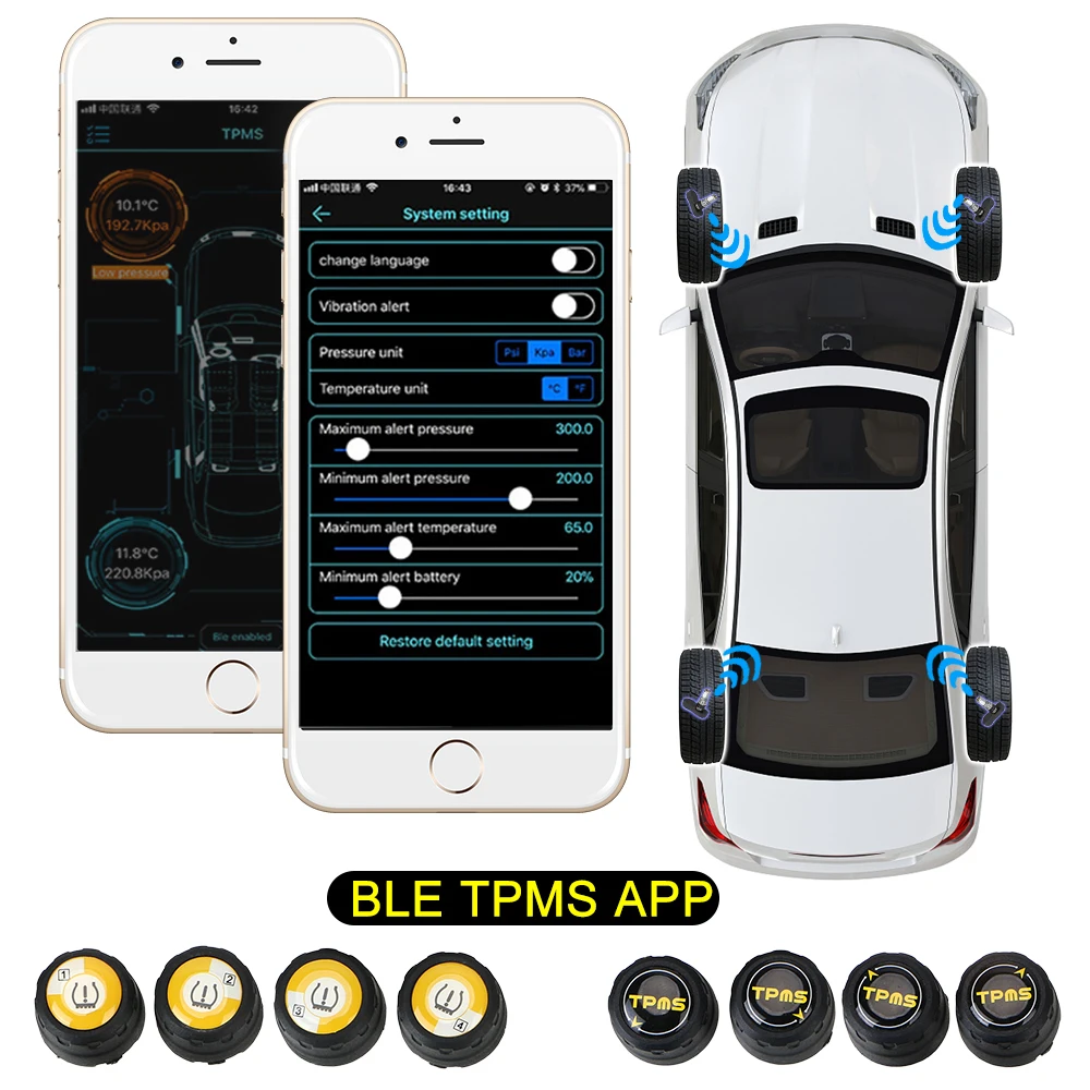 

External Alarm Tire Pressure Sensors Universal Android iOS BLE TPMS Bluetooth 4.0 5.0 Waterproof Car Tire Pressure Sensor