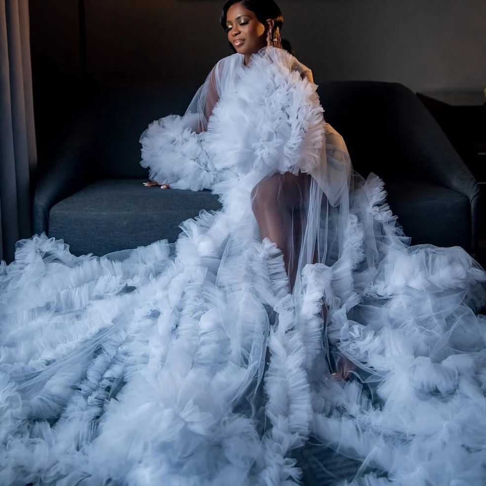 White Bridal Dress Ruffles Puffy Tulle Maternity Dresses for Photoshoot Women Prom Party Wear Pregnancy Robe Sleepwear Nightwear