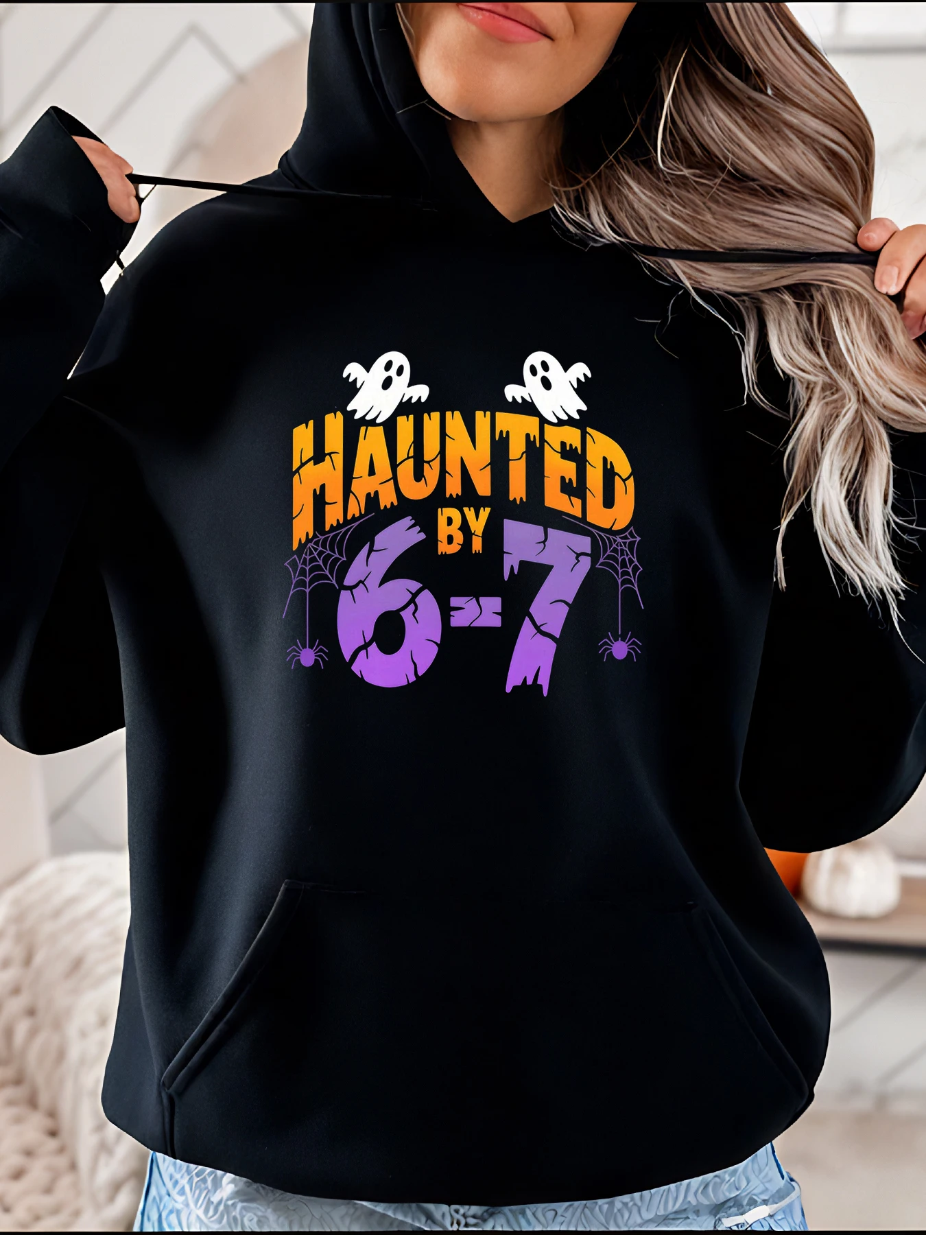 

Halloween Hoodie Haunted by 6-7 Ghost Spider Print Women's Casual Sweatshirt Autumn Winter Fashion Plus Size Pullover