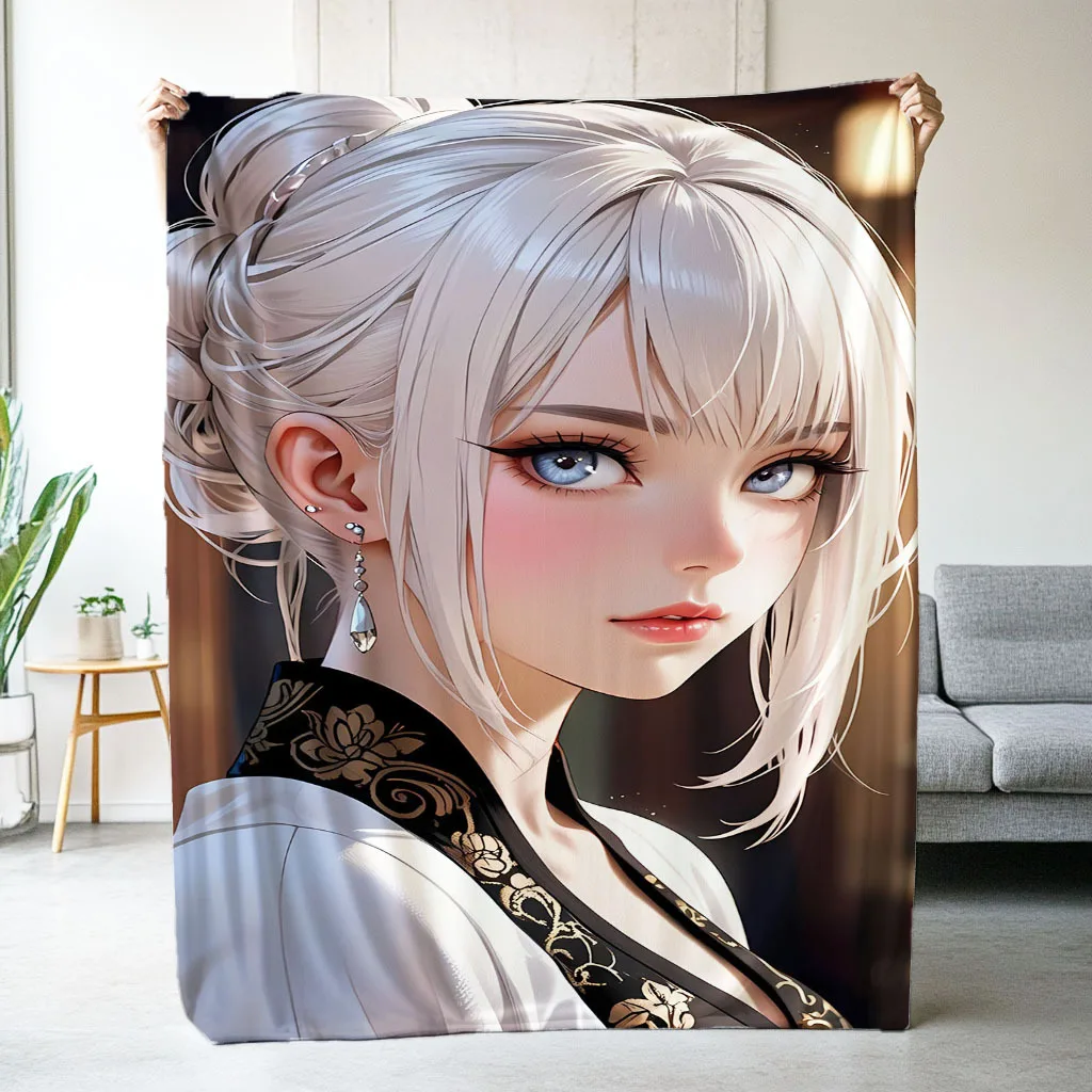 Close-up of a sexy anime beauty Flannel printed blanket suitable for all seasons suitable for living room office sofa and travel