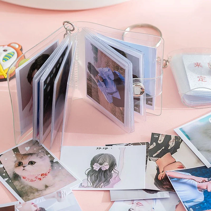 Mini Photo Album 16 Pockets PVC Transparent Frosted Photocard Binder Album Sticker Name Cards Holder Coin Holder with Keyring