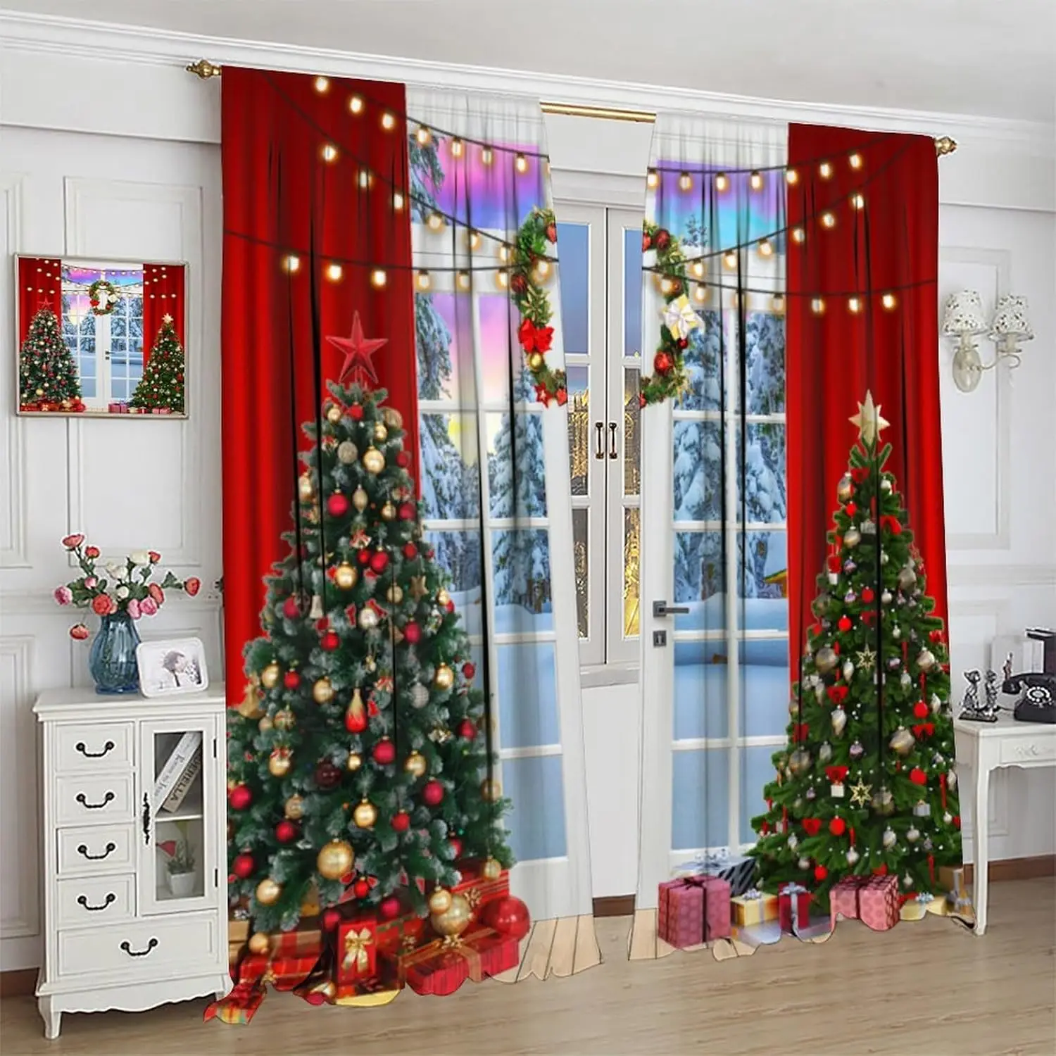 

Christmas Thin Curtains for Living Room,Winter Forest Bedroom Window Treatments Xmas Tree Décor Curtains for Farmhouse Kitchen,