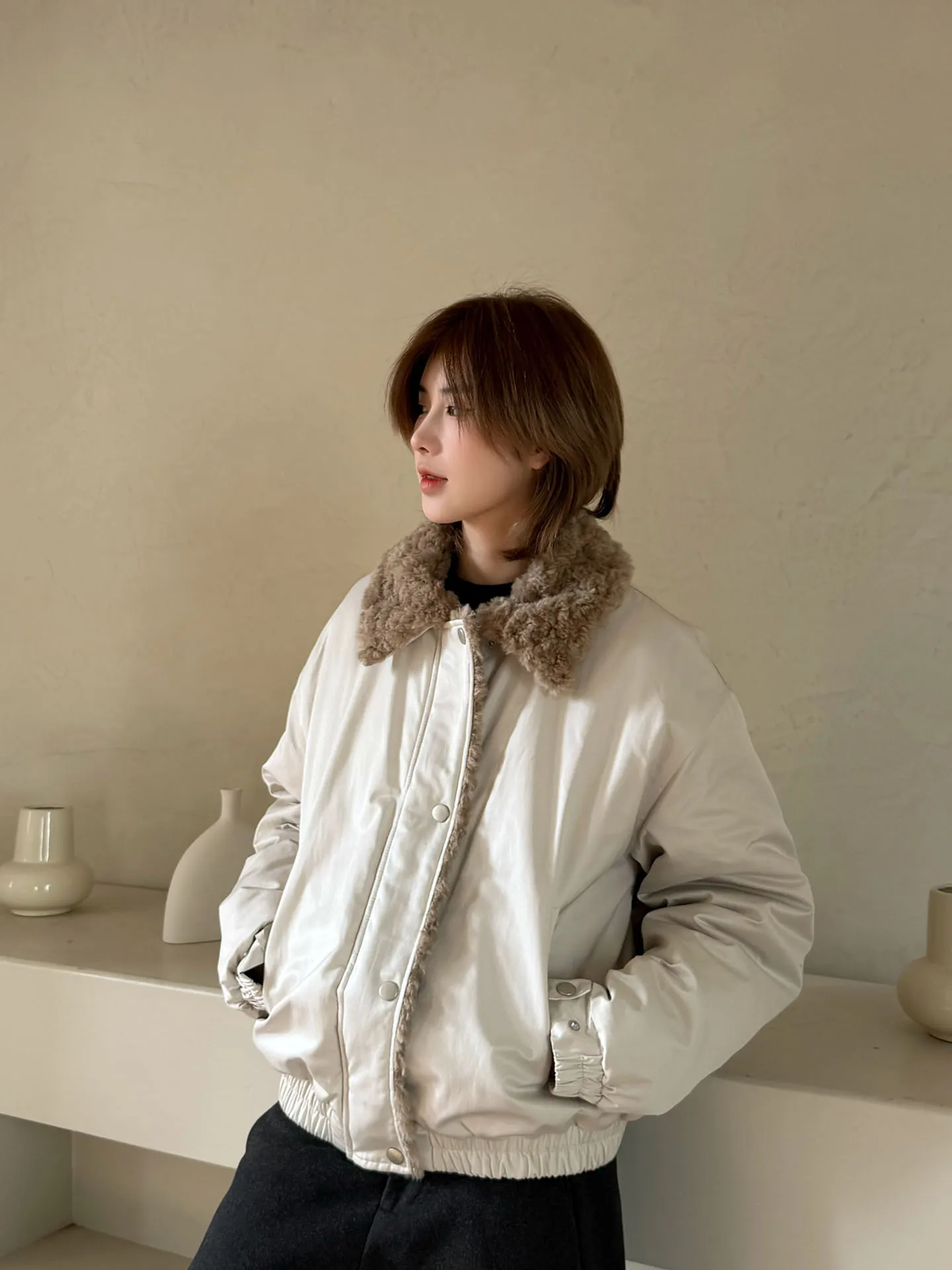 

Warm Cotton Jacket Barn Style Lamb Fur Collar Couple Matching Outerwear Thickened Winter Coat Regular Sleeve Long Zipper