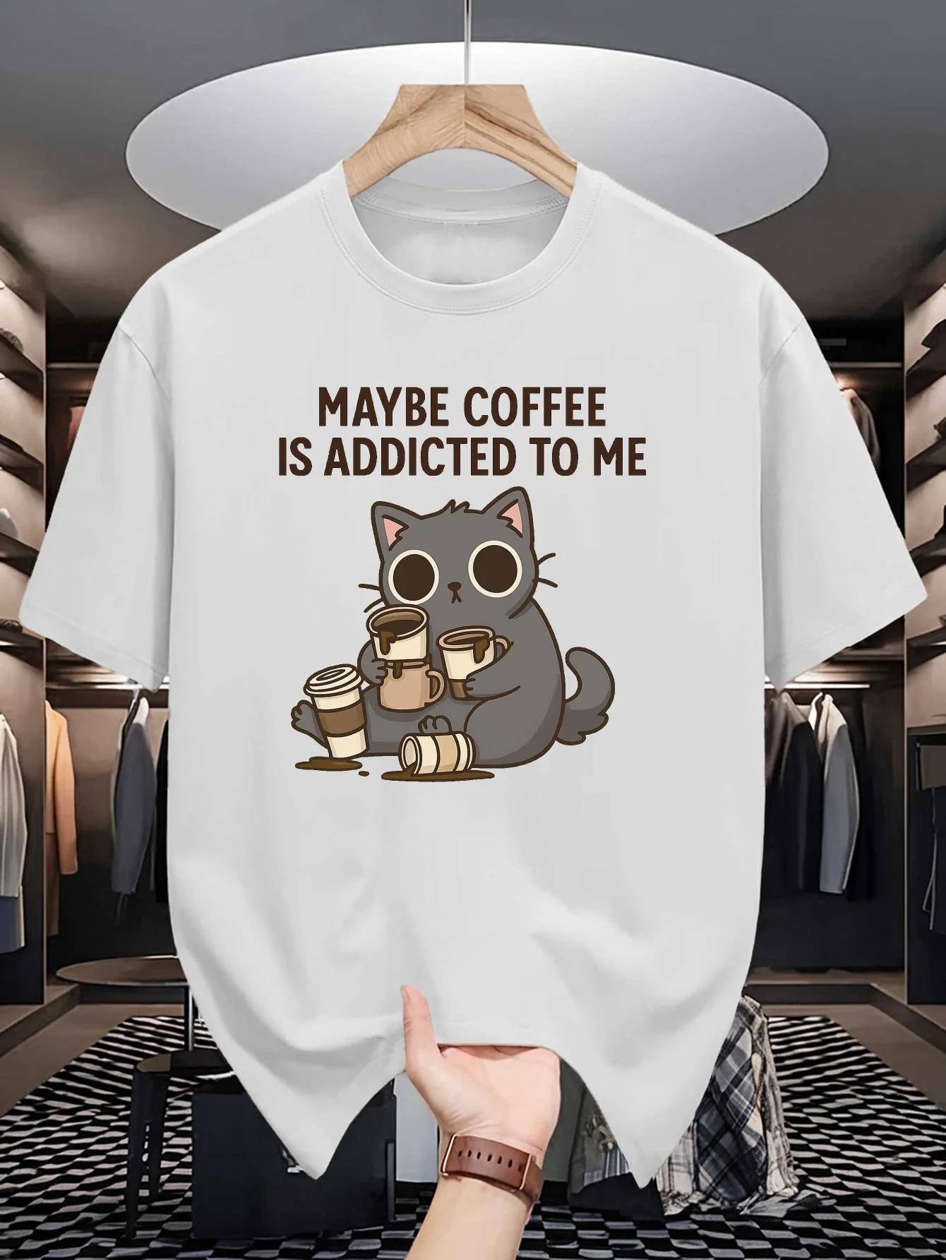 Coffee Lover Cat Print Mens Crew Neck T Shirt Cute Cartoon Kitty Coffee Cup Graphic Short Sleeve Casual Cotton Trendy Street Tee
