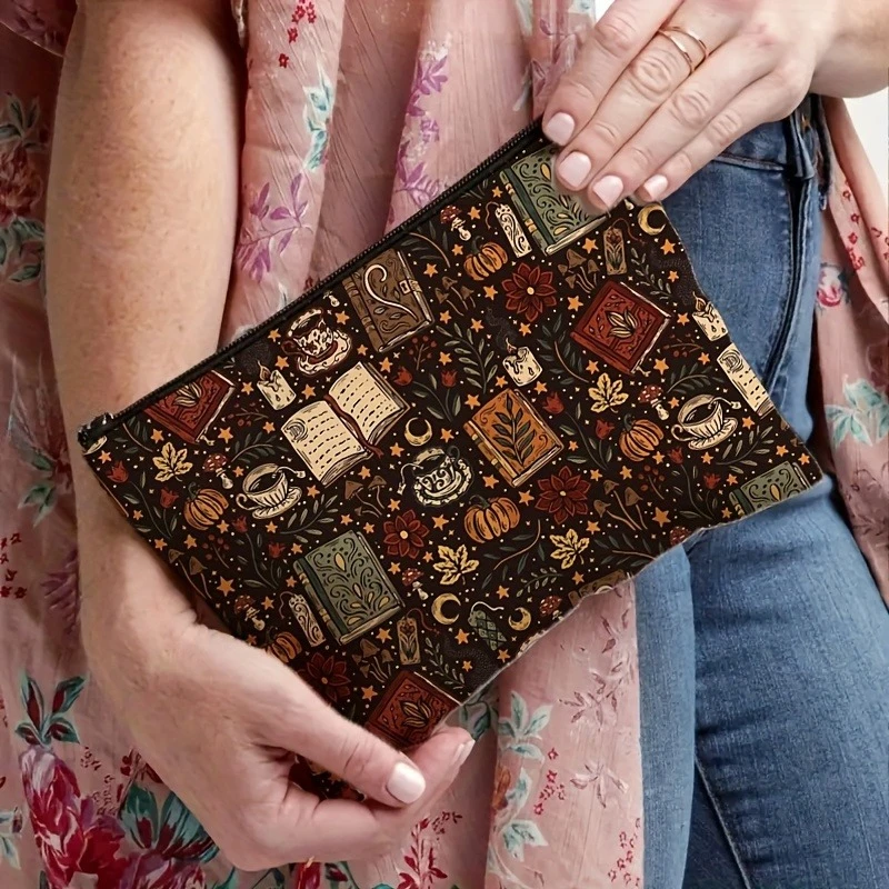Retro elegante Halloween boek pompoen patroon make-up tas, duurzame niet-vervagende rits tas, lichtgewicht opvouwbare handtas
