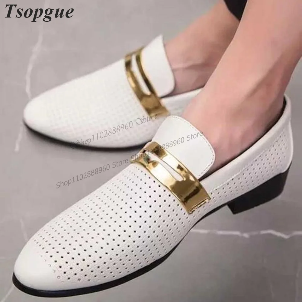 

White Small Carve Holes Metallic Belt Men's Pumps Men Shoes Slip-On Runway Casual Party Shoes 2023 Fashionable Zapatillas Muje