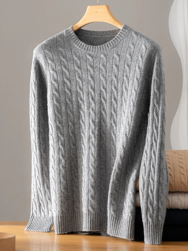 2025 Men's 100% Cashmere Cable Knit Sweater Autumn Winter O-neck Thick Long Sleeve Pullover Smart Casual Cashmere Knitwear Tops