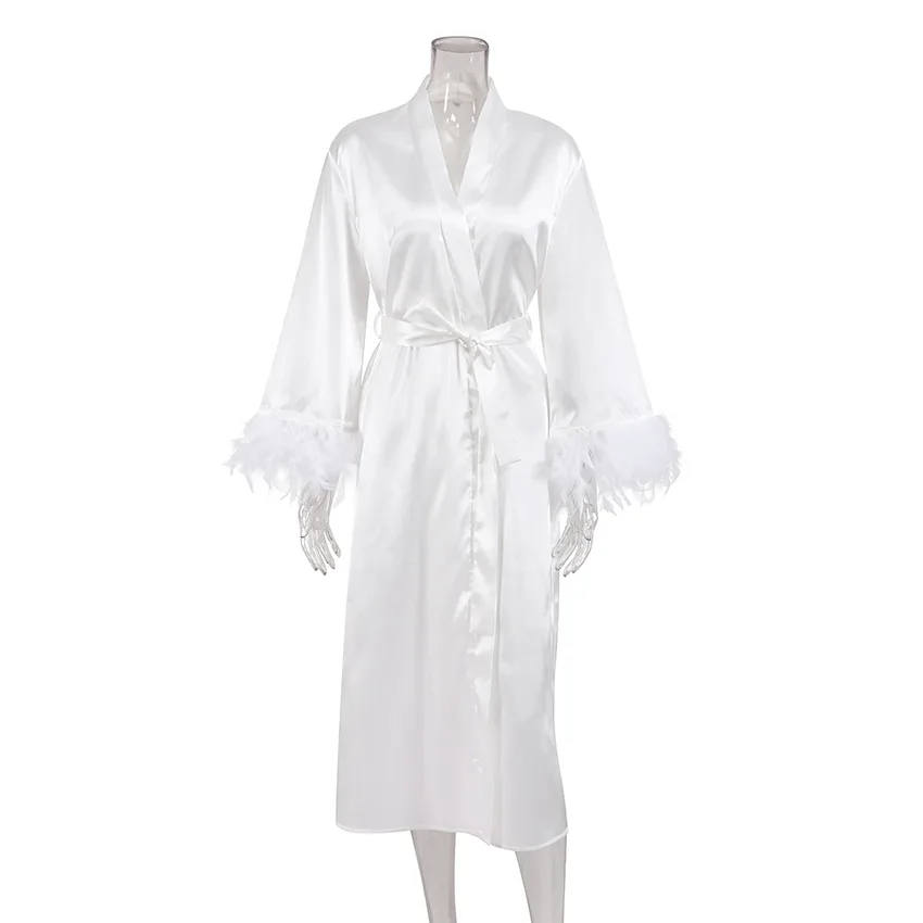 2025 Spring Pajamas Women Cardigan Feather Satin Nightgown Loose Cross-border Long Bathrobe Women's Home Clothes