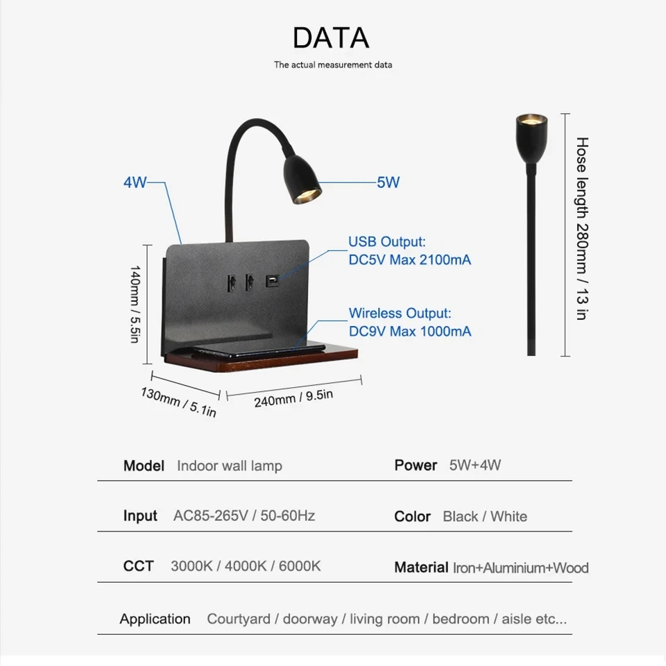 LED 나무 무선 충전 벽 램프, USB 소켓, 스위치가 있는 회전식 램프 헤드, 실내 침대 옆, 거실, 공부 조명