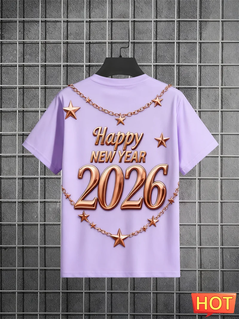 2026 سنة جديدة سعيدة خطابات تي شيرت الموضة العصرية الرجال النساء الألعاب النارية نجوم ثلاثية الأبعاد مطبوعة تي شيرت فضفاض الشارع الشهير طاقم الرقبة تيز #5