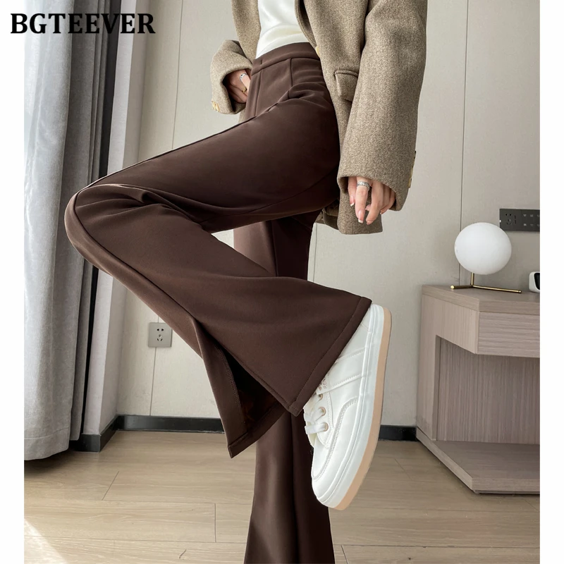 BGTEEVER Stylish Loose Floor-Length Women Split Flare Trousers High Waist Pockets Elegant Ladies Thicken Velvet Straight Pants