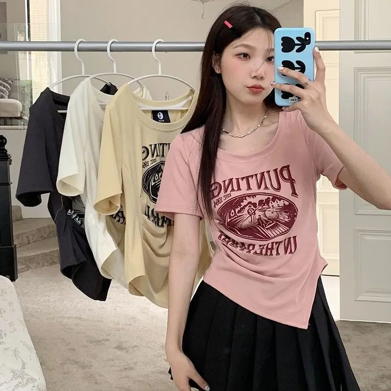 Women Summer Vintage Printing White Loose O-neck Short Sleeve Tee Shirt Women Clothing Korean Trend Letter Black Beach Top Tee