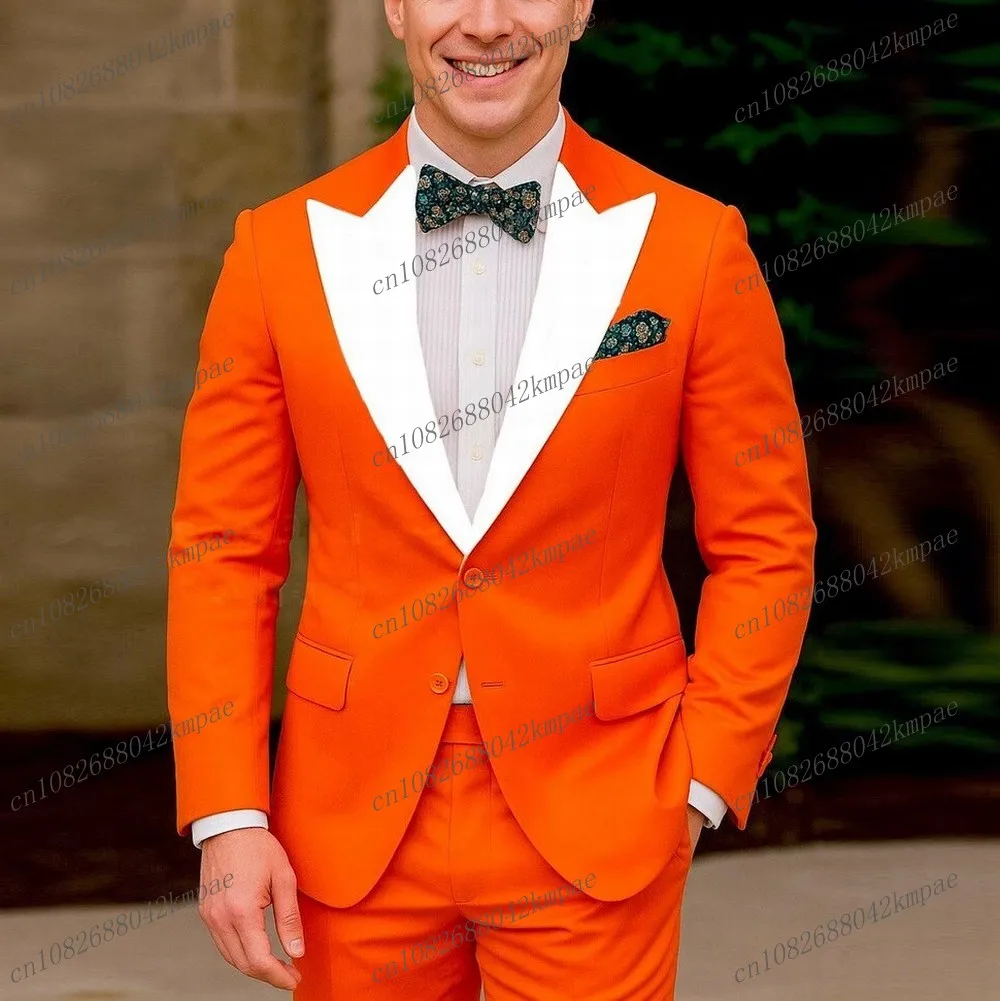 

New White Collar And Orange Men Formal Tuxedos Groom Groomsman Wedding Party Prom Male Business Suit 2 Piece Set Blazer Pants