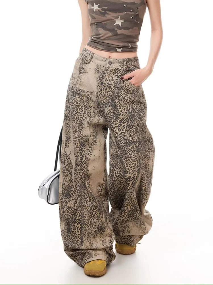 2026 Trend Y2K Style Vintage Washed Leopard Baggy Women's Jeans Pants For Woman Clothing Wide Leg Streetwear Loose Long Trousers