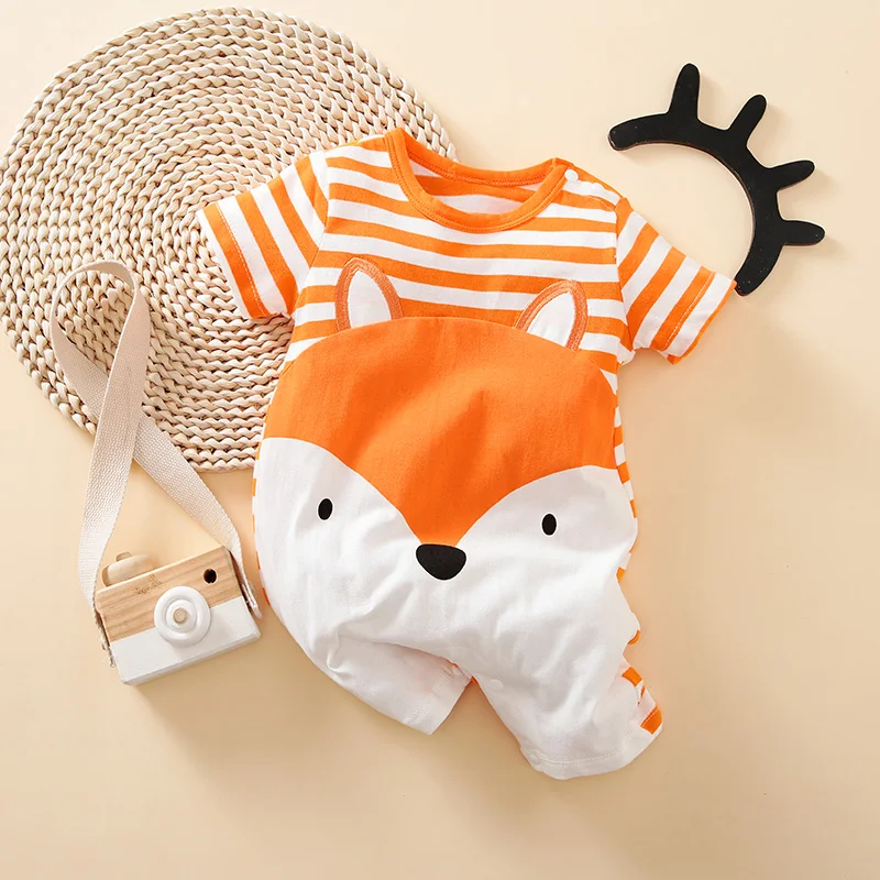 Summer Boys And Girls Cute Cartoon Fox Print Cotton Comfortable Short Sleeve Baby Bodysuit