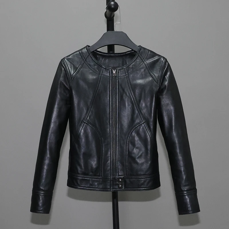 

New List Persional Sheep Leather Genuine Leather Jacket Women's Slim short round neck women's leather Jacket casual Coat