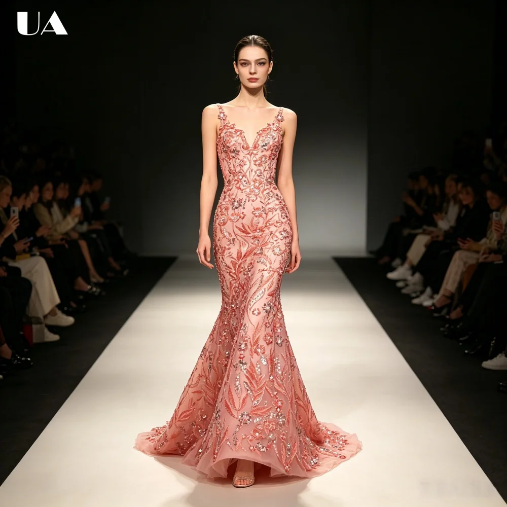 

2026 New Exquisite Mermaid Beading Evening Dresses for Women, Elegant Embroidery V-neck Prom Dress, Customized Train Party Dress