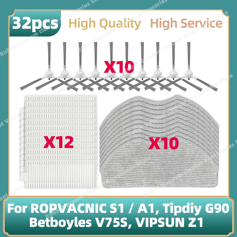 متوافق مع (ROPVACNIC S1 / A1، Tipdiy G90، Betboyles V75S، VIPSUN Z1) أجزاء فرشاة جانبية فلتر Hepa ممسحة قماش خرقة