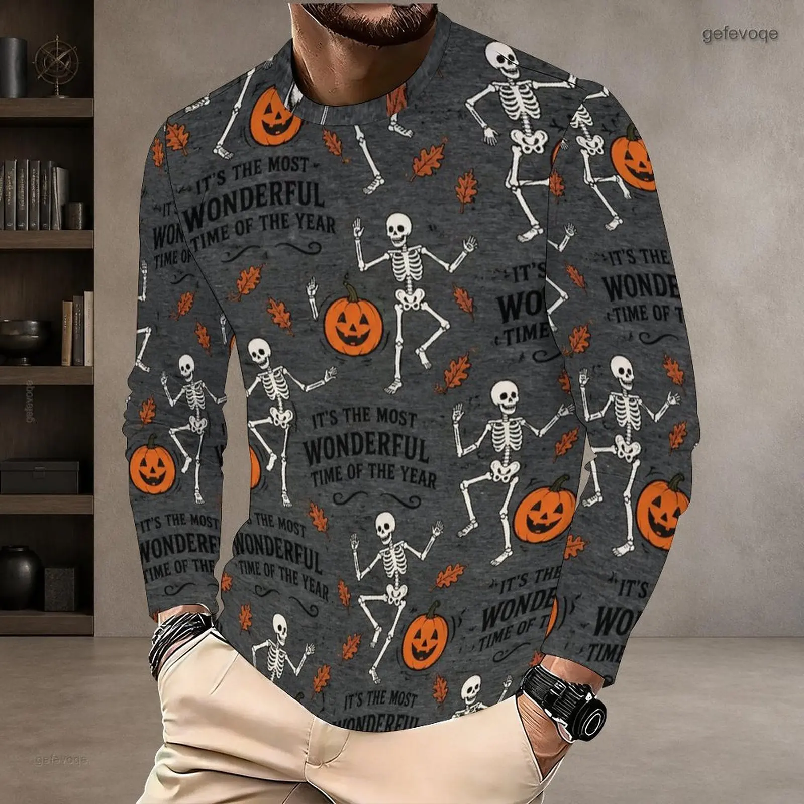 Men Dark Heather Gray Round Neck Long Sleeve Halloween Printed Skeleton Pumpkin T Shirt