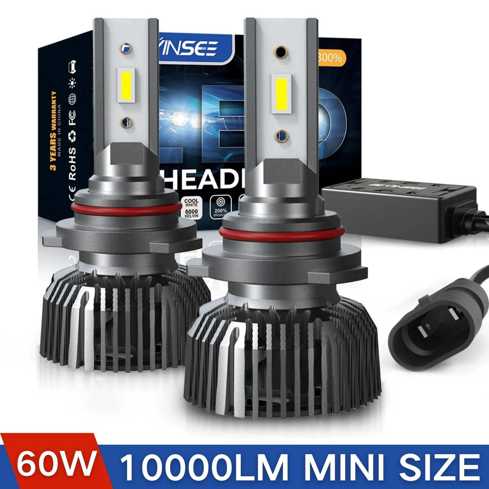 

BEVINSEE 2X 9005 HB3 LED Auto Headlight Bulbs 9006 HB4 LED Fog Light for Cars Mini Size 60W 10000LM High Bright 6000K 12V