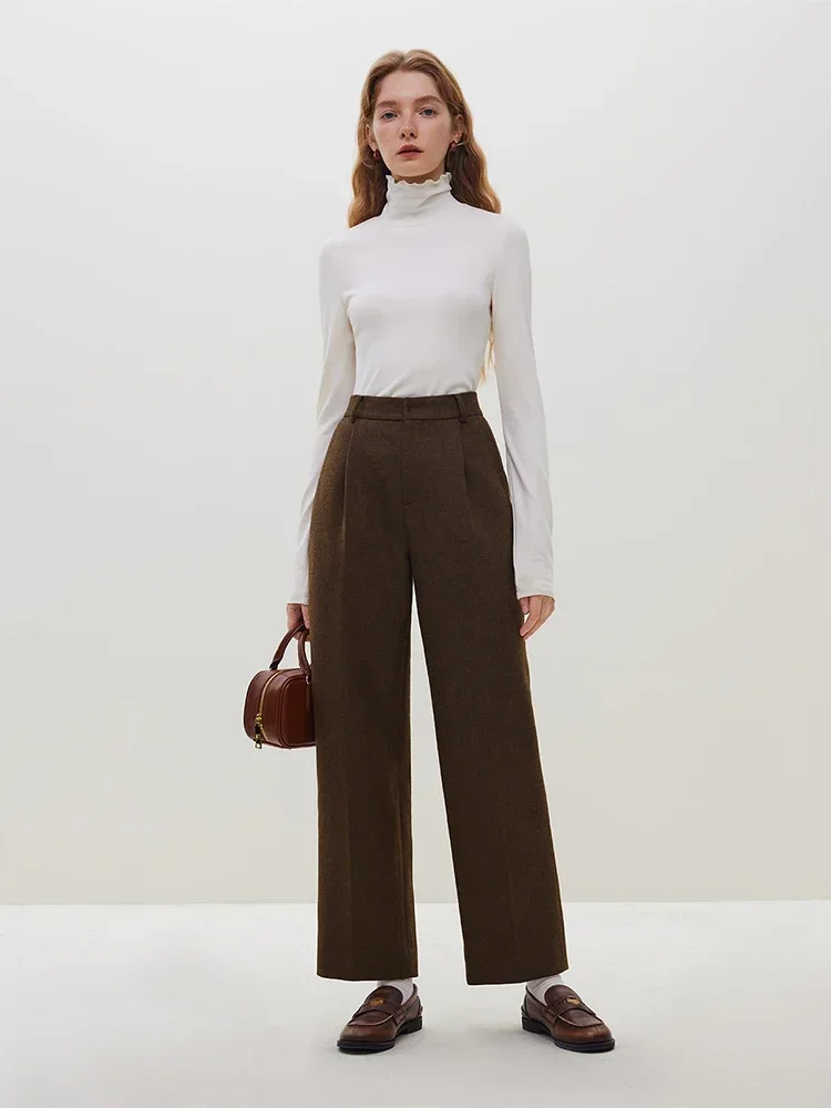 FSLE Classic Commuter Style High-waisted 53.4% Wool Straight Pants for Women 2023 Winter New Retro Thickened Trousers Female