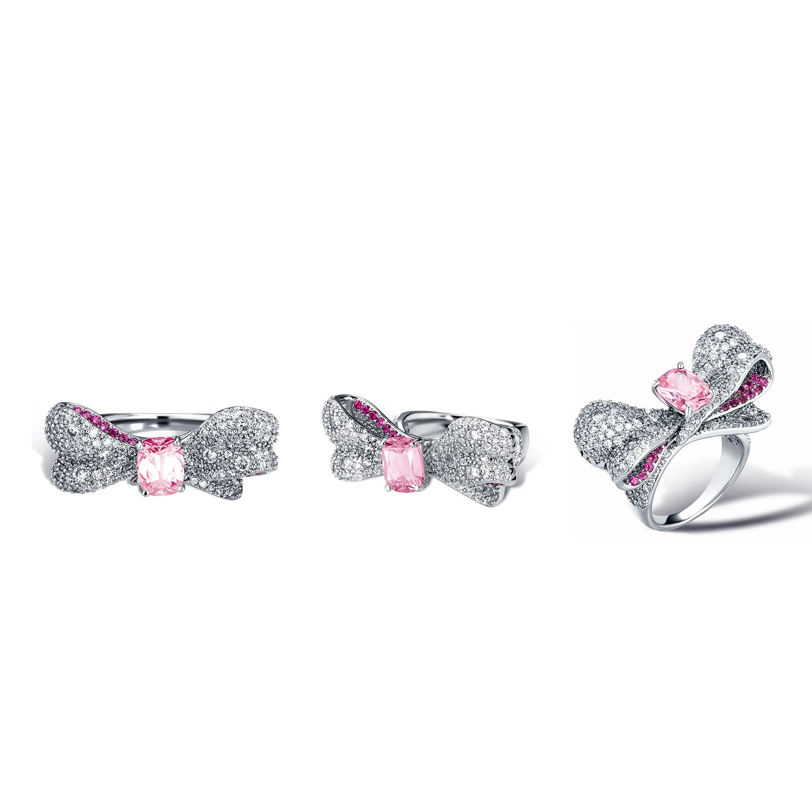 Women Bow‑Knot Colorful CZ Ring Hip Hop Full Paved Gemstone Statement Ring Luxury Sparkly Party Dating Fashion Jewelry Wholesale