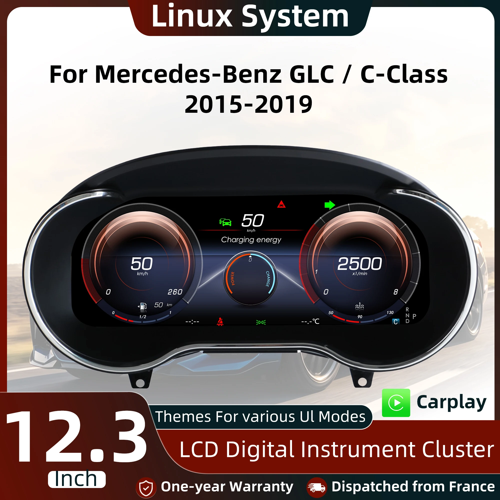 Tableau de bord numérique 12,3 pouces pour Mercedes-Benz GLC 2016-2019 / Classe C 2015-2019, compteur kilométrique, compteur de vitesse, plug-and-play, cockpit virtuel, iOS CarPlay et Android Auto