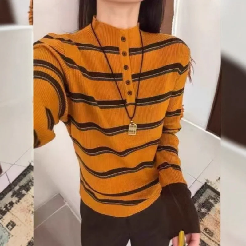 Women Mock Neck Striped Knit Top Button Detail Color Block Long Sleeve Slim Casual Ladies Pullover