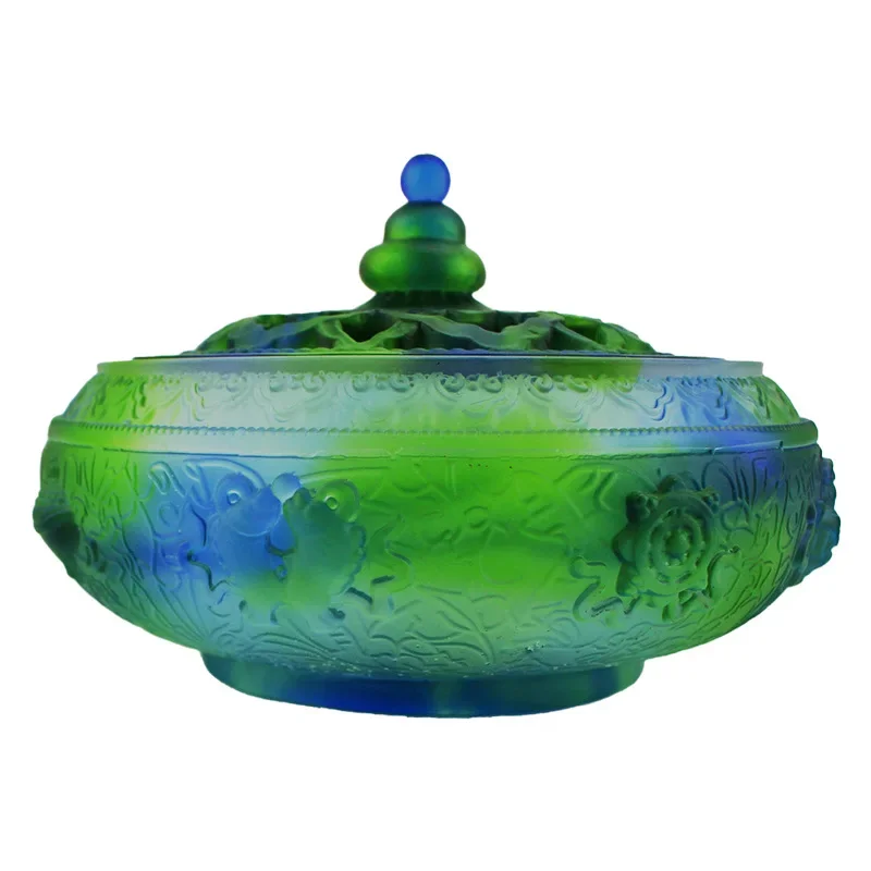 

Ancient glass eight auspicious carving lines burner tea room study incense plate incense offering Buddha zen ornament