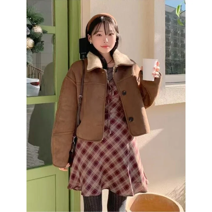 Winter Faionable Retro Nertsen ort Jas Dames Single Button Revers Bont en Leer Geïntegreerde Bovenkleding Koreaanse Sle Lente...